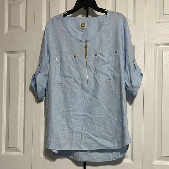 Anne Klein blue linen blend tunic top shirt blouse size LARGE - Picture 1 of 13